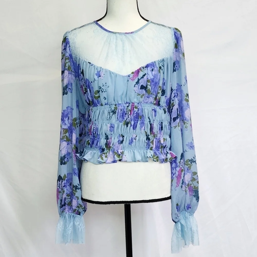 Free People Lace Sheer Smocked Crew Neck Keyhole Back Cropped Long Sleeve Top